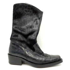 Sesto Meucci Black Crocodile Print Calf Hair Zip Up Wingtip Boots Women's 7 N